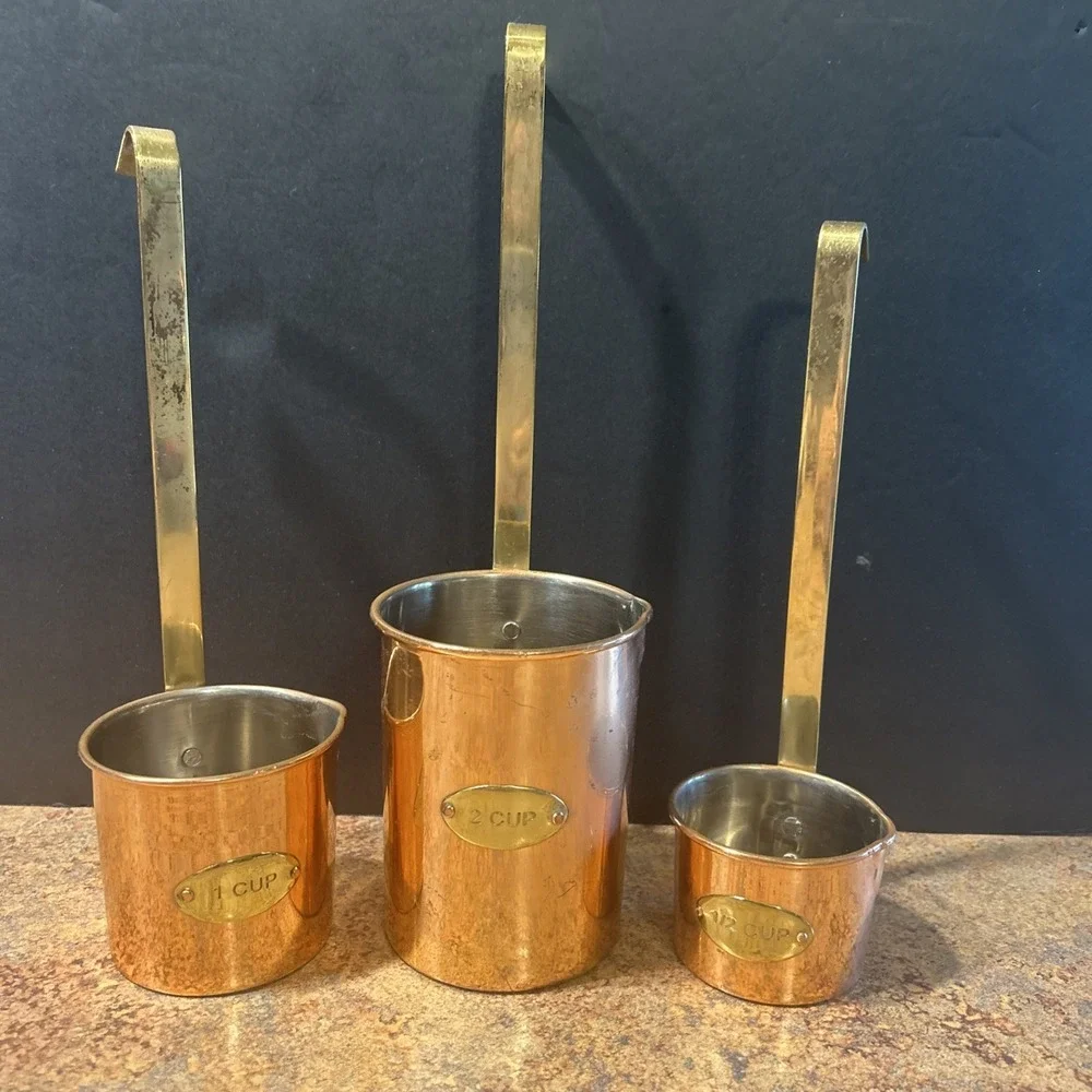Vintage Copper Nesting Measuring Cups Hanging Ladle Brass Handles Set Of 3